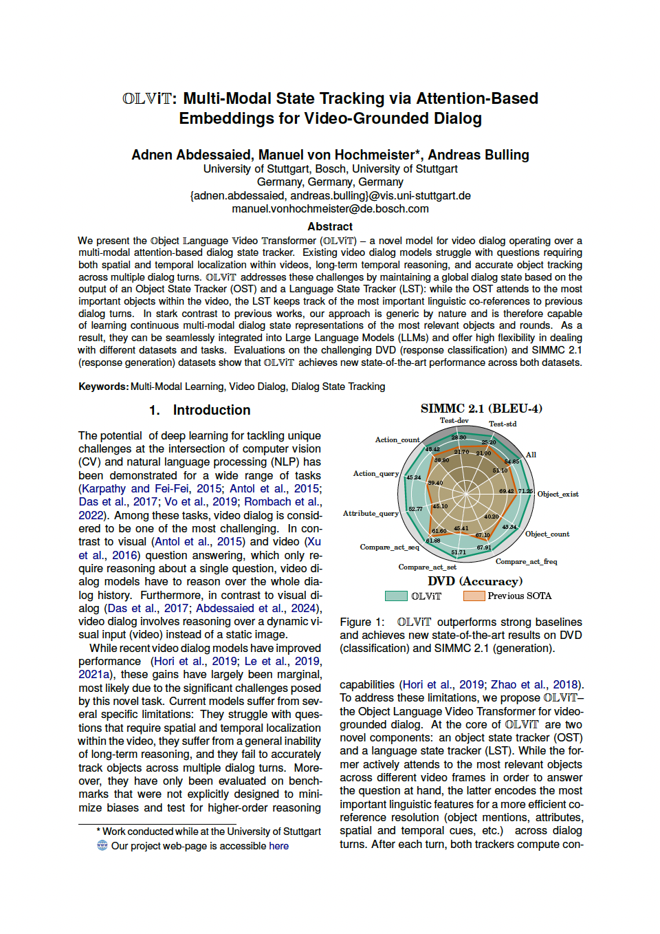 OLViT: Multi-Modal State Tracking via Attention-Based Embeddings for Video-Grounded Dialog