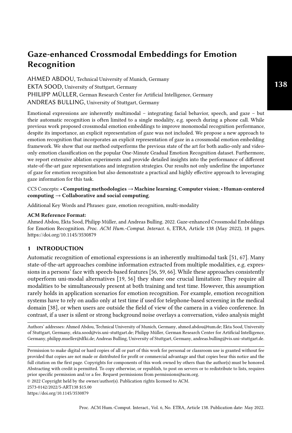 Gaze-enhanced Crossmodal Embeddings for Emotion Recognition