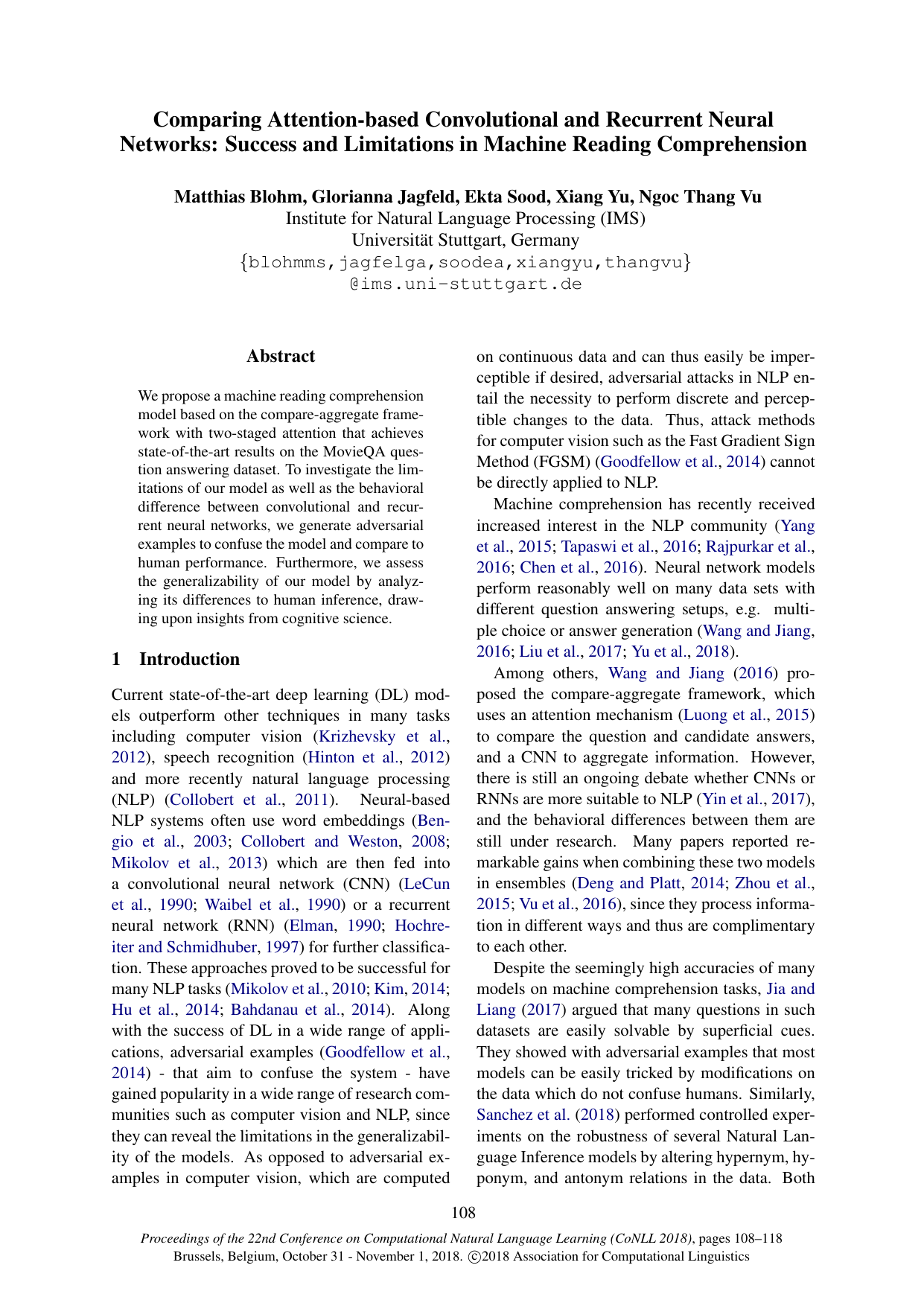 Comparing Attention-Based Convolutional and Recurrent Neural Networks: Success and Limitations in Machine Reading Comprehension