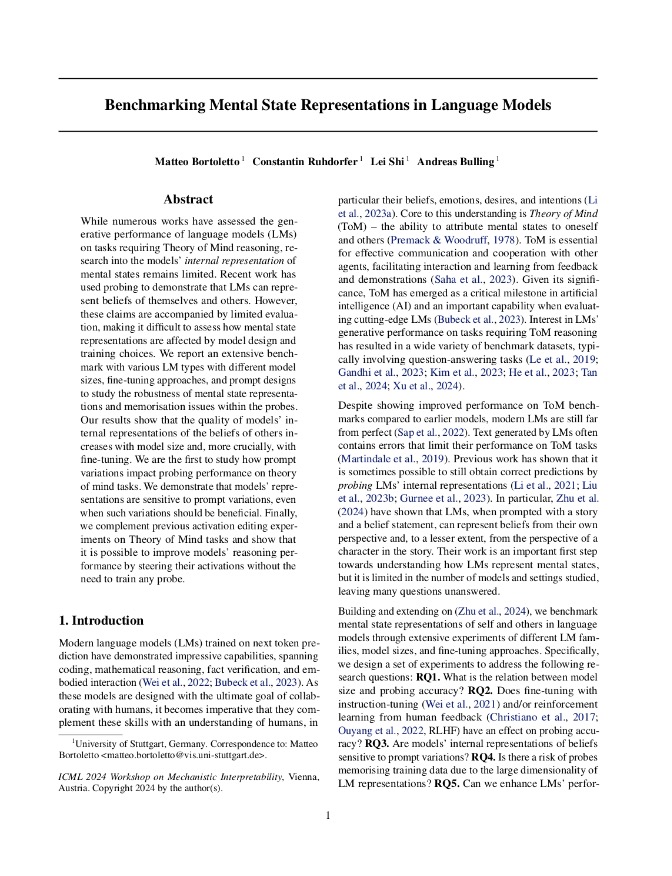 Benchmarking Mental State Representations in Language Models