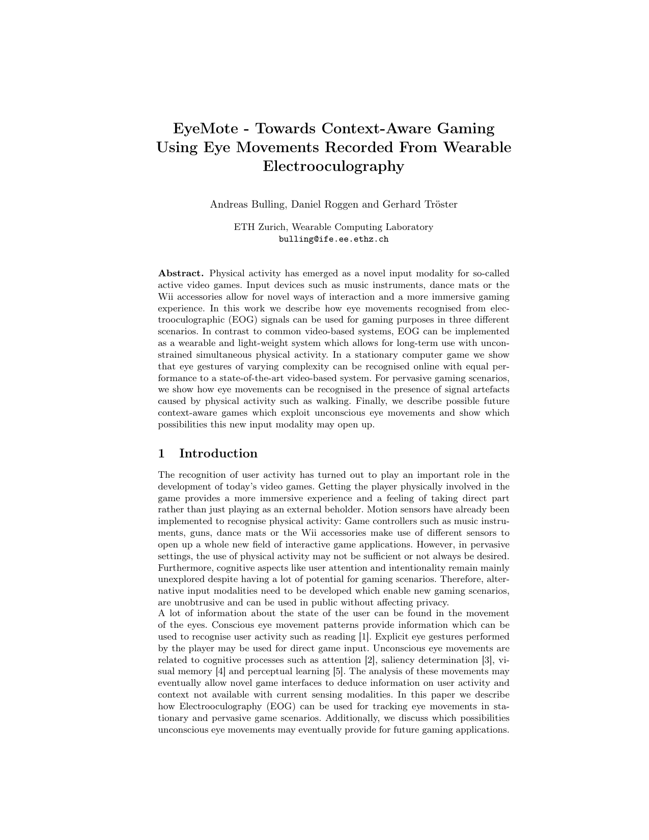 EyeMote - Towards Context-Aware Gaming Using Eye Movements Recorded From Wearable Electrooculography