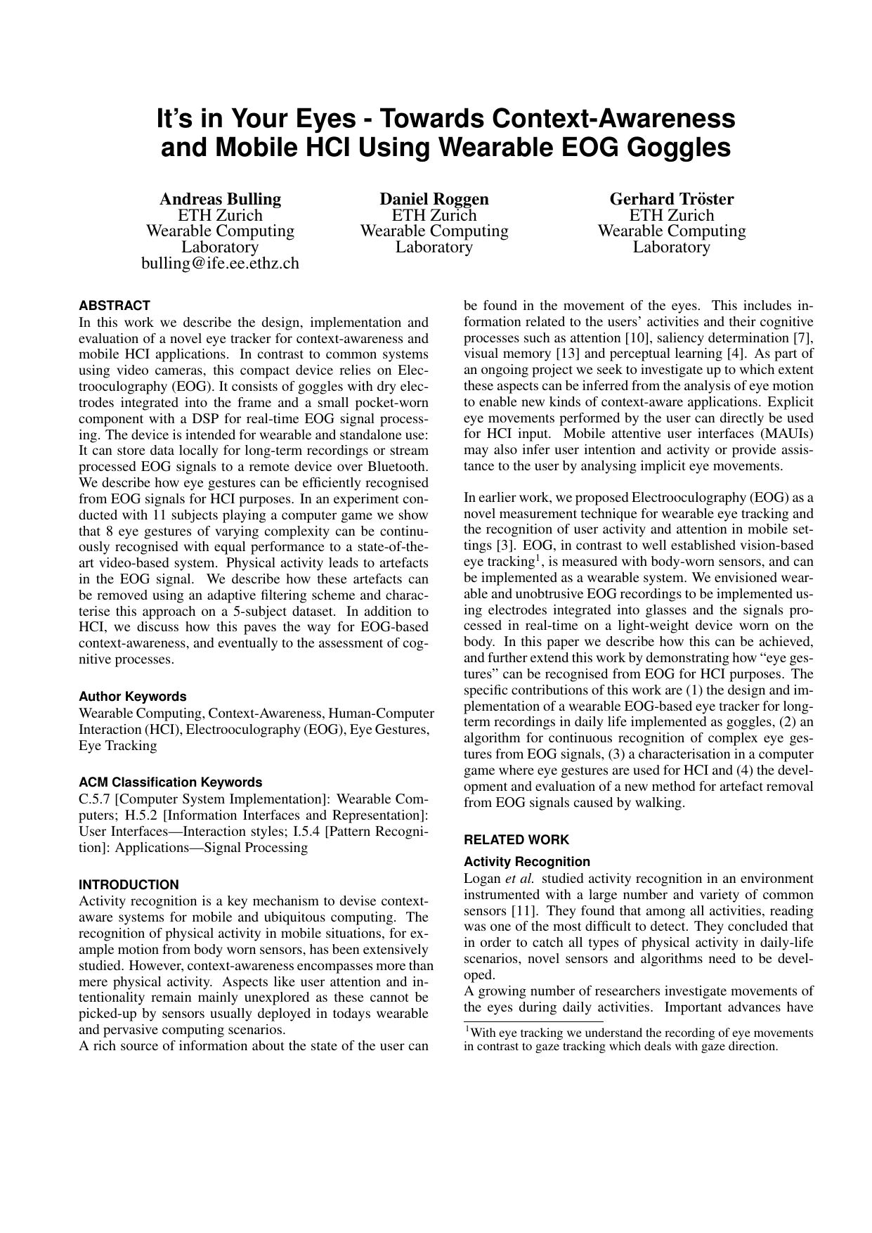 It’s in Your Eyes - Towards Context-Awareness and Mobile HCI Using Wearable EOG Goggles