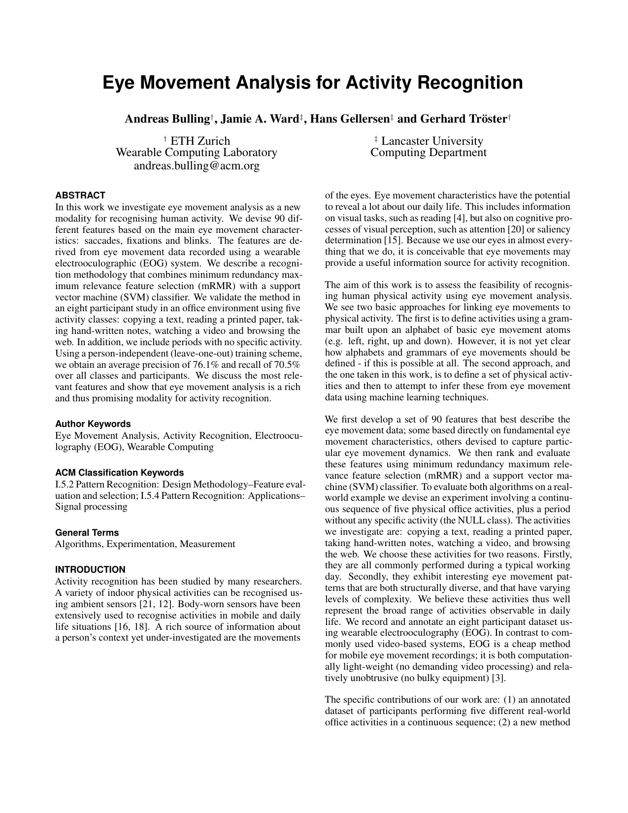 Eye Movement Analysis for Activity Recognition