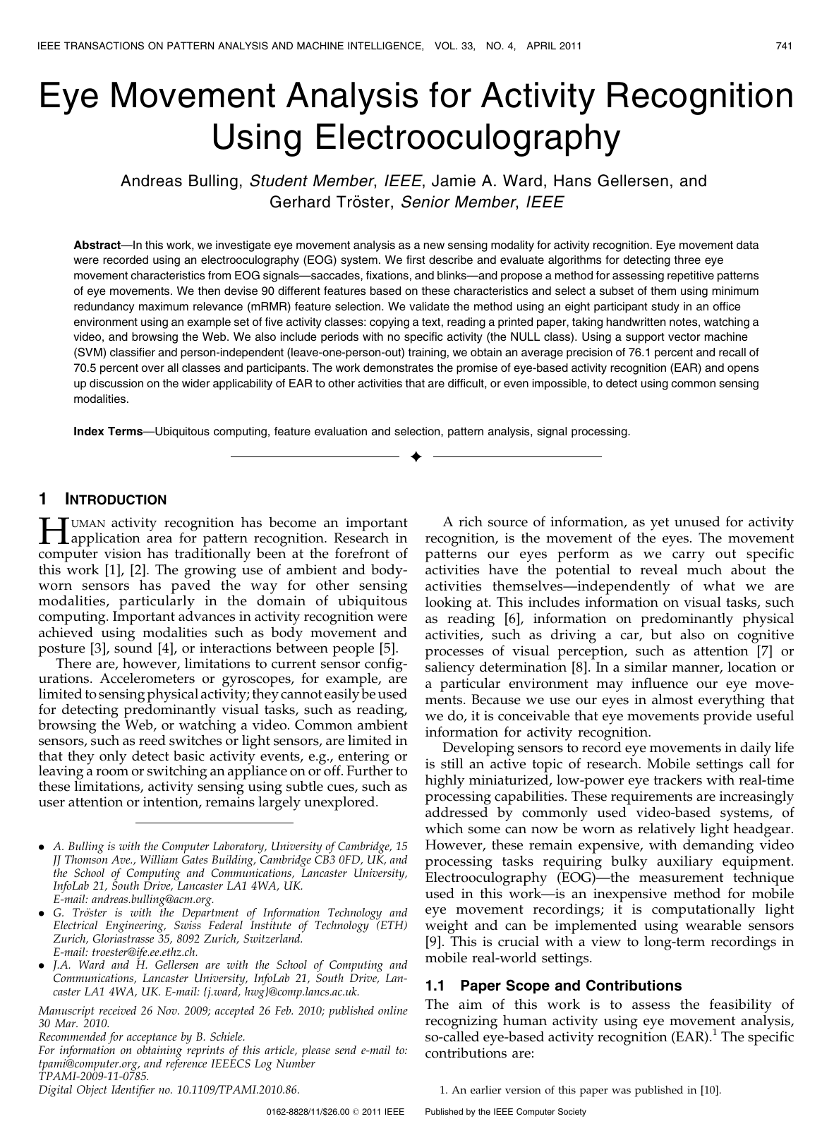 Eye Movement Analysis for Activity Recognition Using Electrooculography