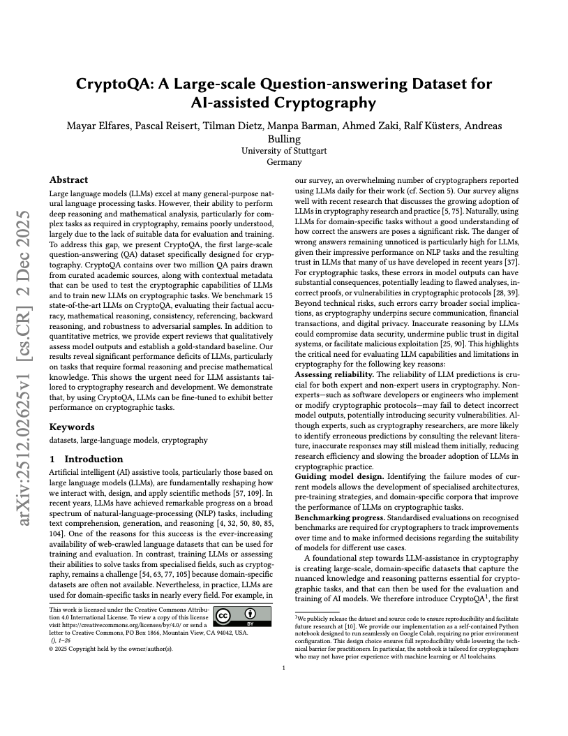CryptoQA: A Large-scale Question-answering Dataset for AI-assisted Cryptography