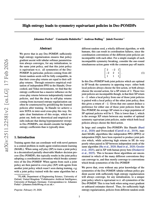 High Entropy Leads to Symmetry Equivariant Policies in Dec-POMDPs