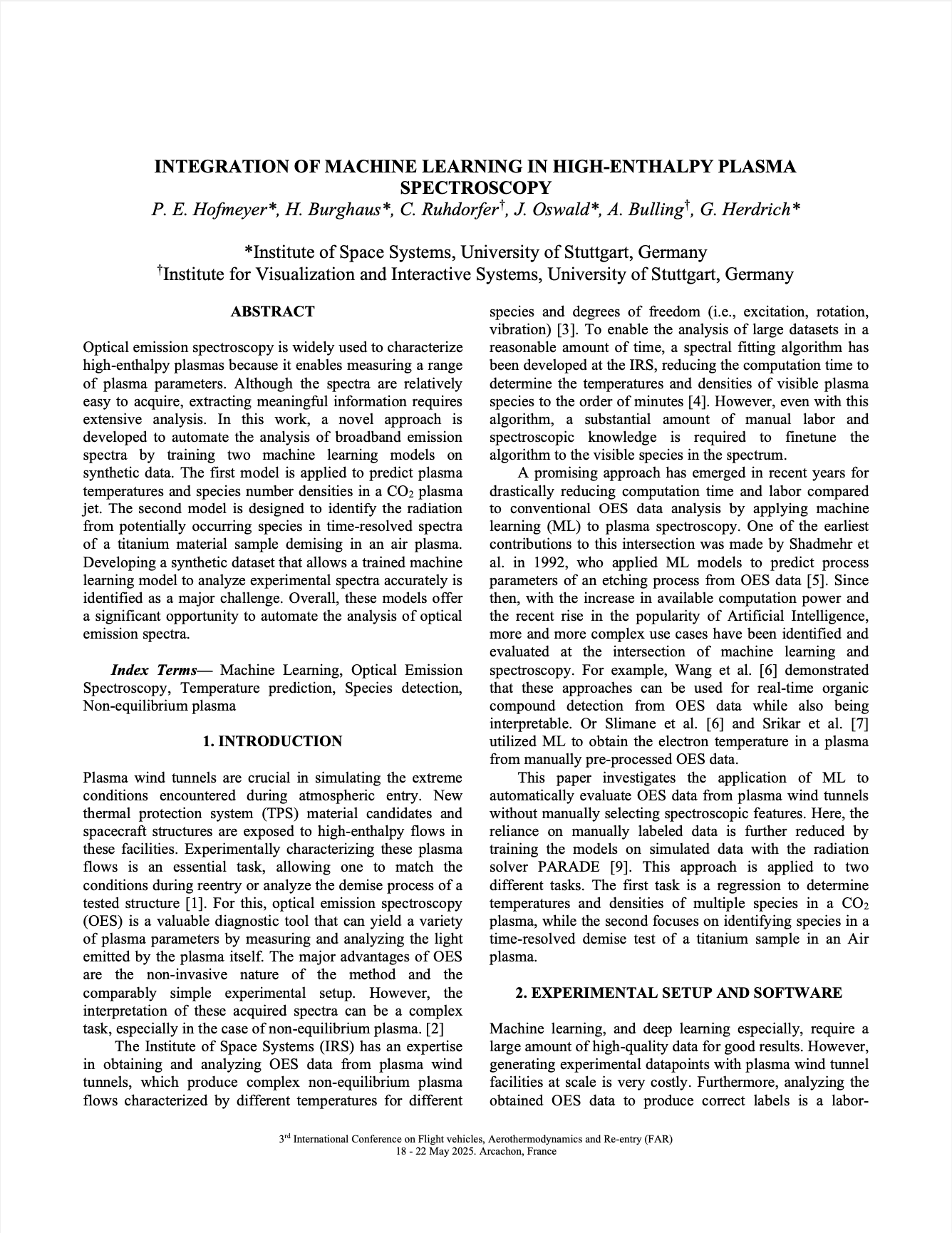 Integration of Machine Learning in High-Enthalpy Plasma Spectroscopy