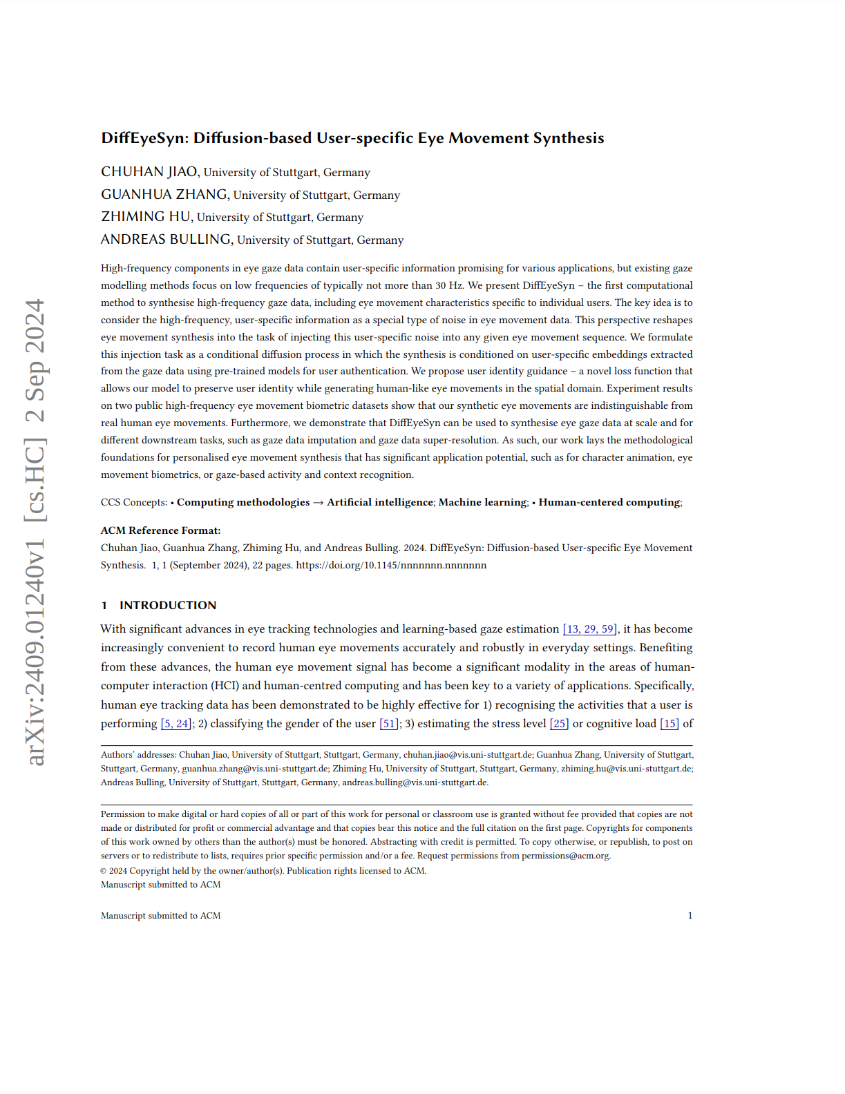 DiffEyeSyn: Diffusion-based User-specific Eye Movement Synthesis