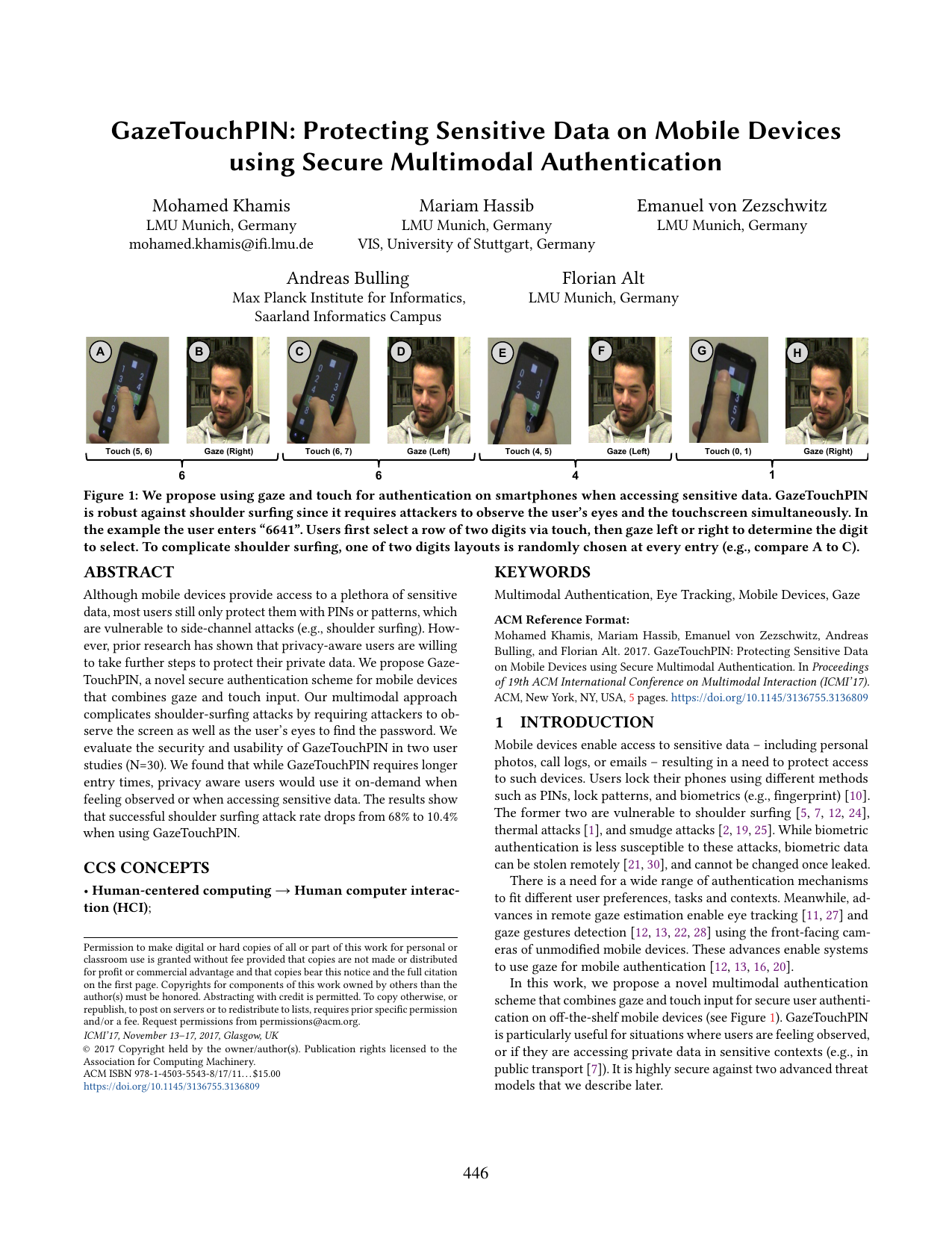 GazeTouchPIN: Protecting Sensitive Data on Mobile Devices using Secure Multimodal Authentication