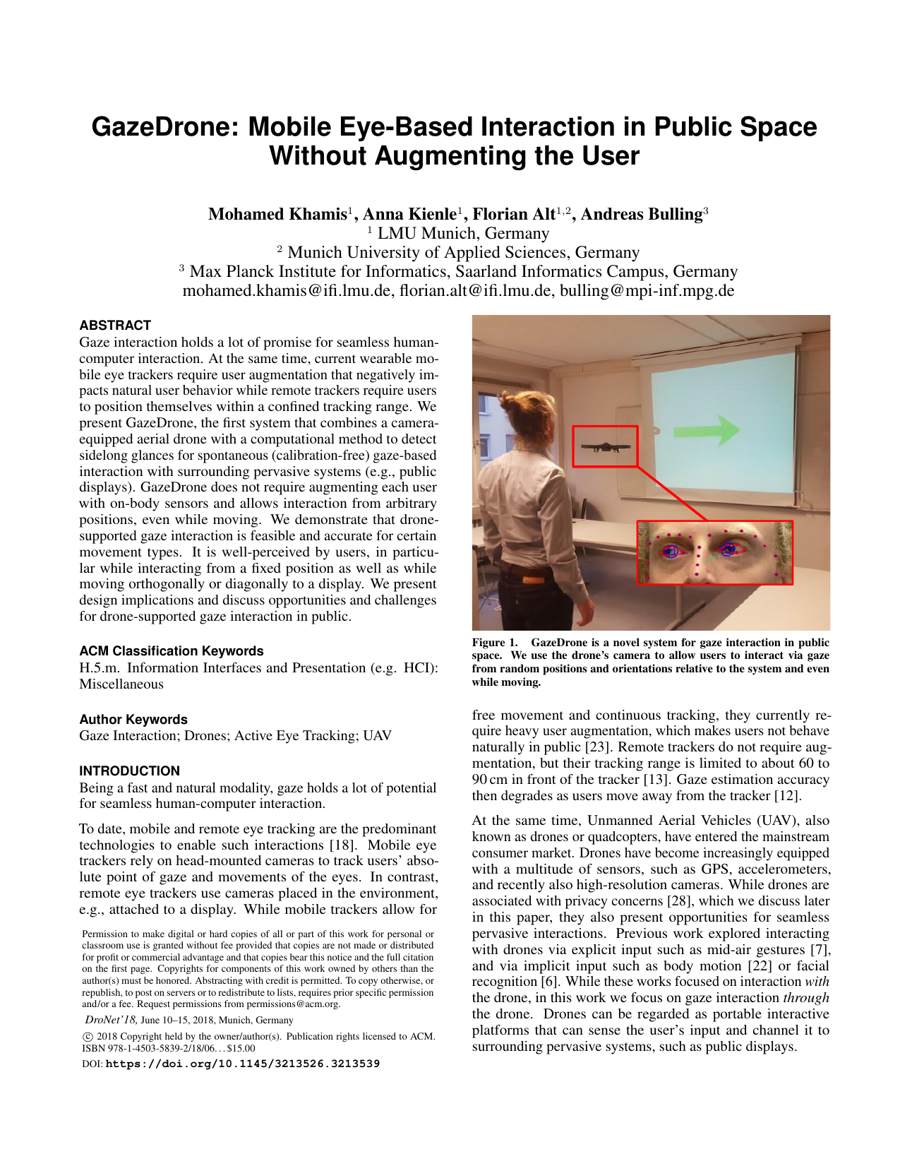 GazeDrone: Mobile Eye-Based Interaction in Public Space Without Augmenting the User