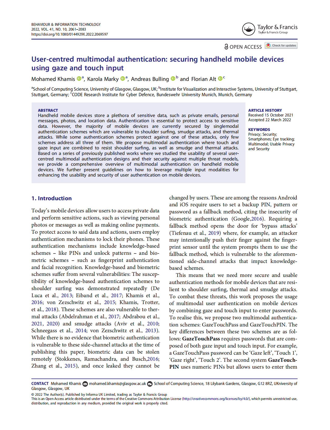 User-centred multimodal authentication: securing handheld mobile devices using gaze and touch input