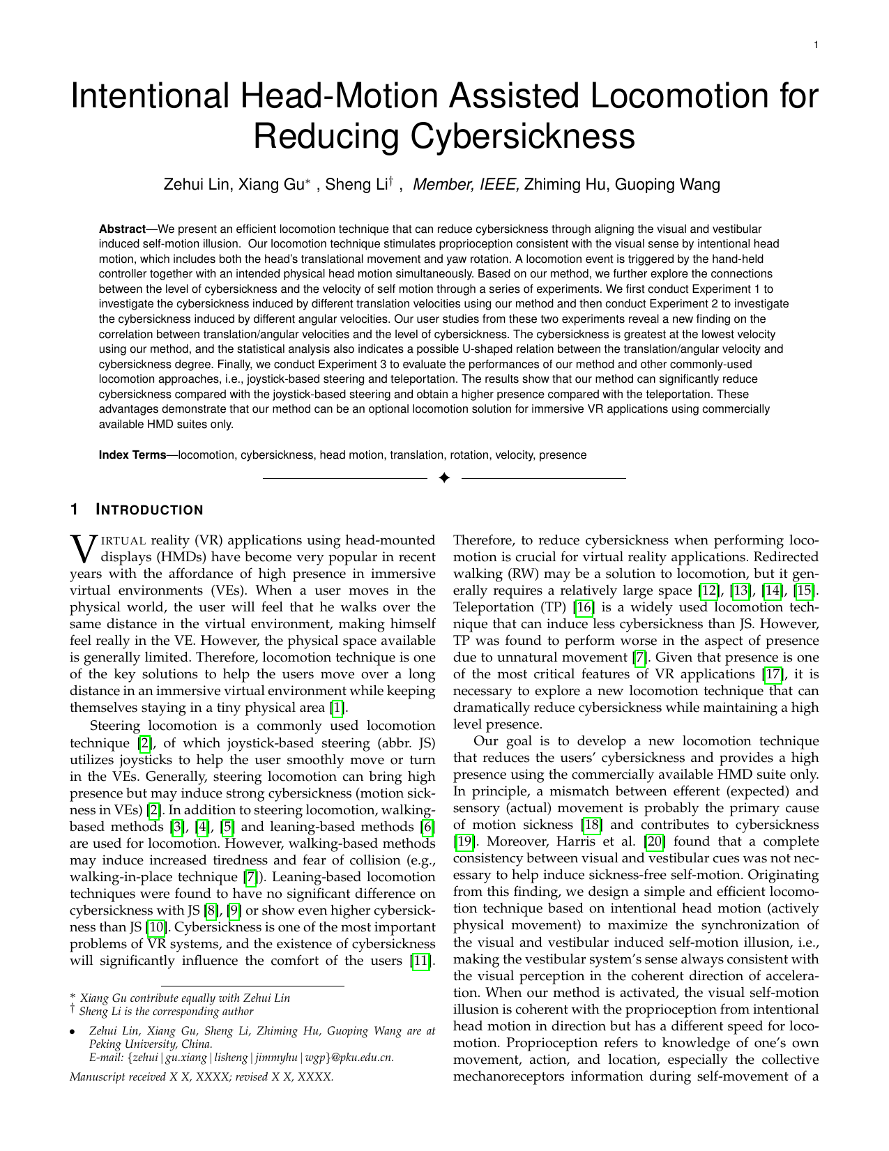 Intentional Head-Motion Assisted Locomotion for Reducing Cybersickness