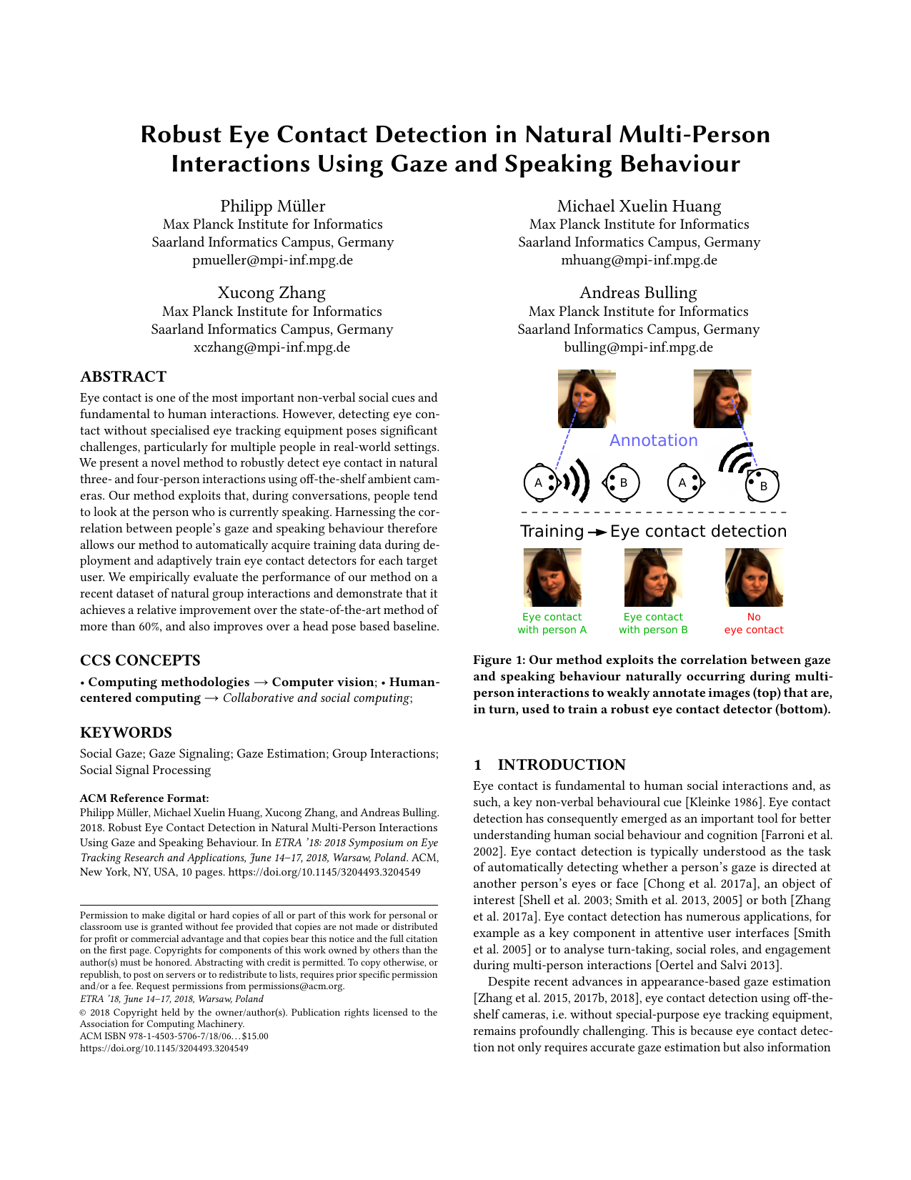 Robust Eye Contact Detection in Natural Multi-Person Interactions Using Gaze and Speaking Behaviour