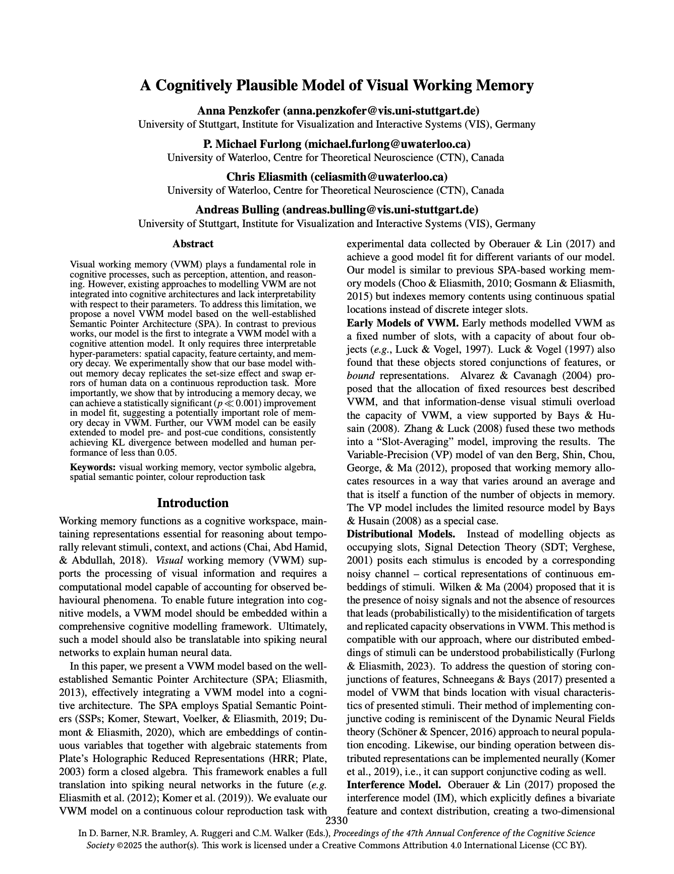 A Cognitively Plausible Visual Working Memory Model