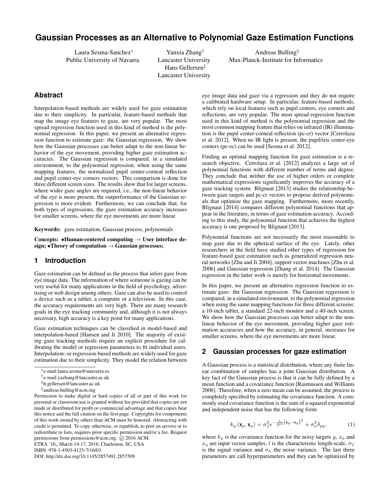 Gaussian Processes as an Alternative to Polynomial Gaze Estimation Functions