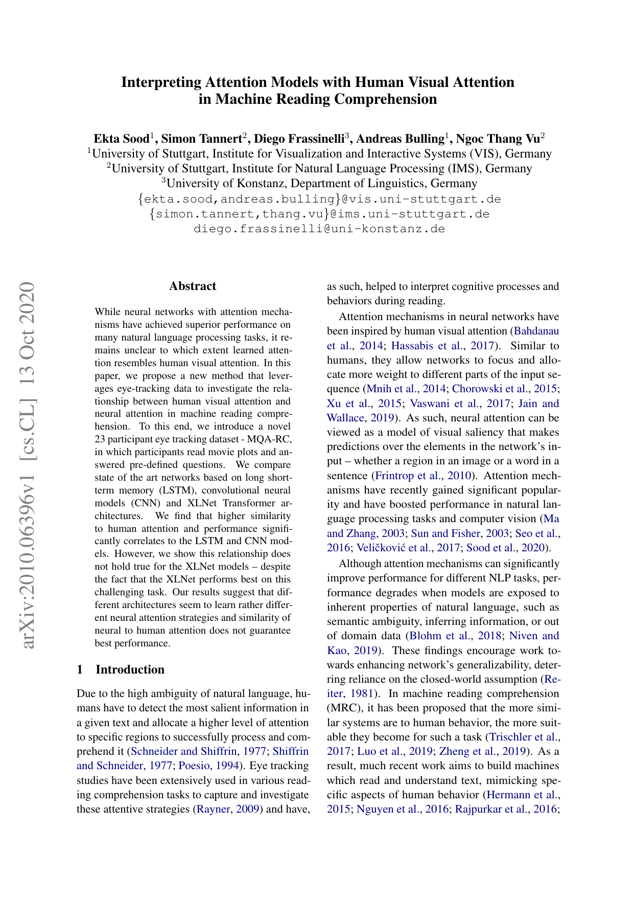 Interpreting Attention Models with Human Visual Attention in Machine Reading Comprehension