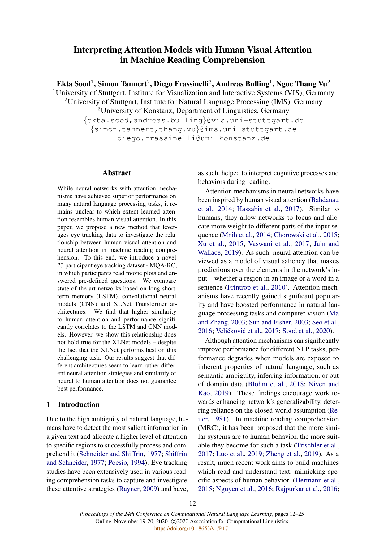 Interpreting Attention Models with Human Visual Attention in Machine Reading Comprehension