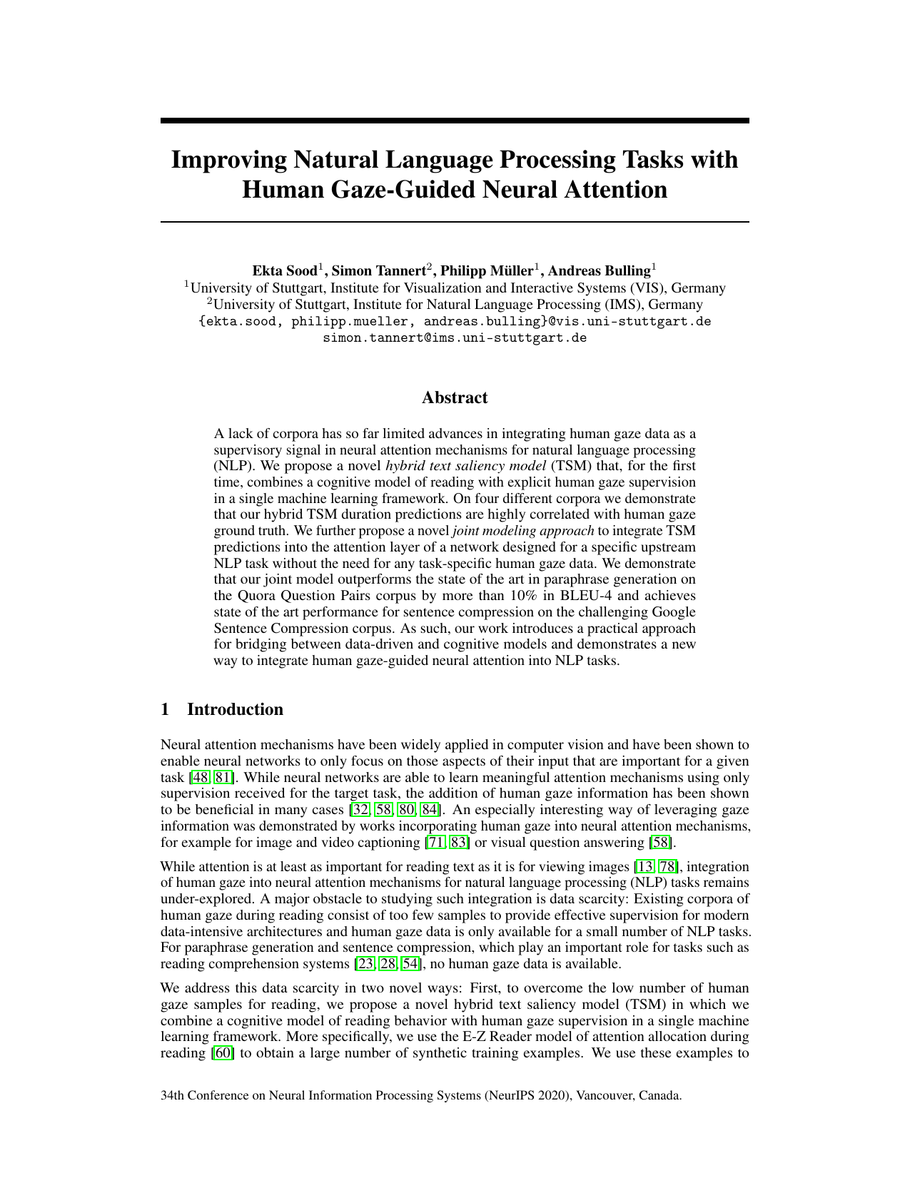 Improving Natural Language Processing Tasks with Human Gaze-Guided Neural Attention