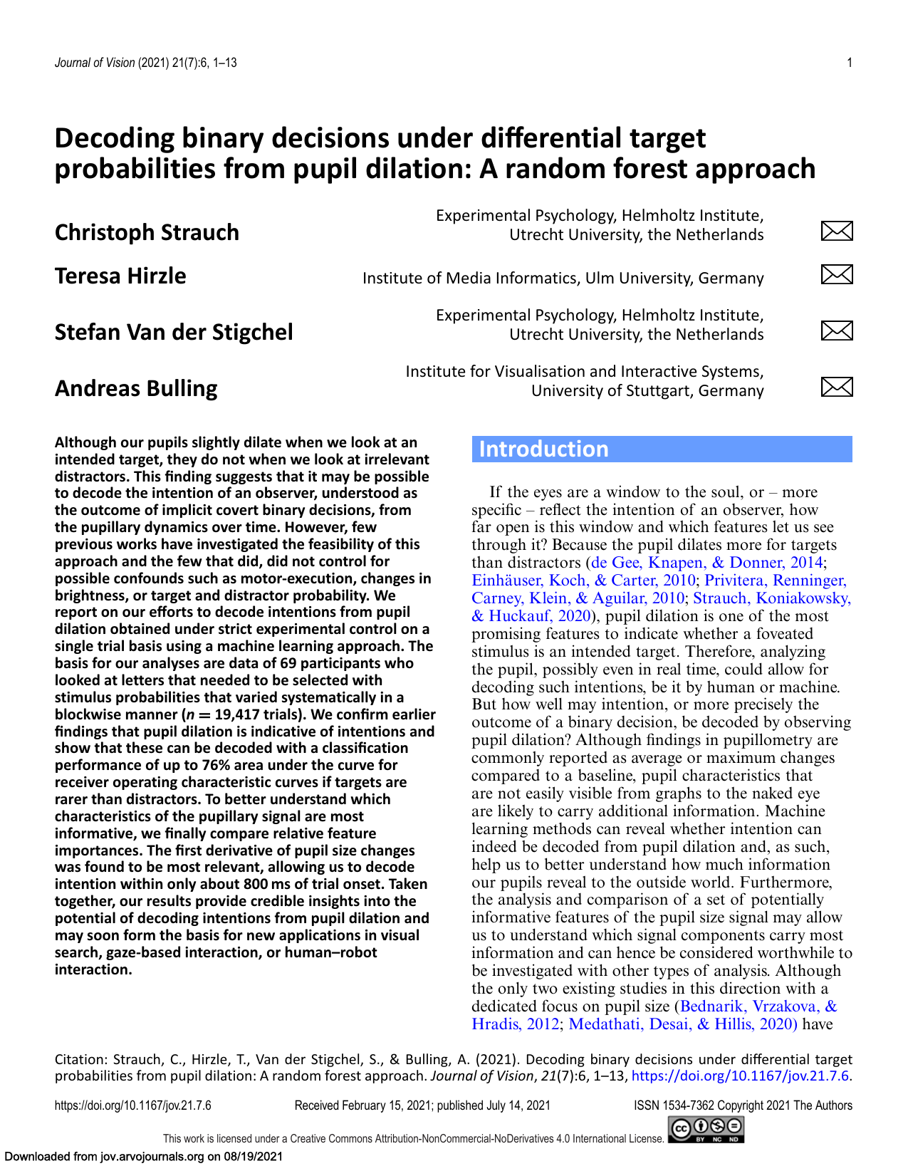 Decoding binary decisions under differential target probabilities from pupil dilation: A random forest approach