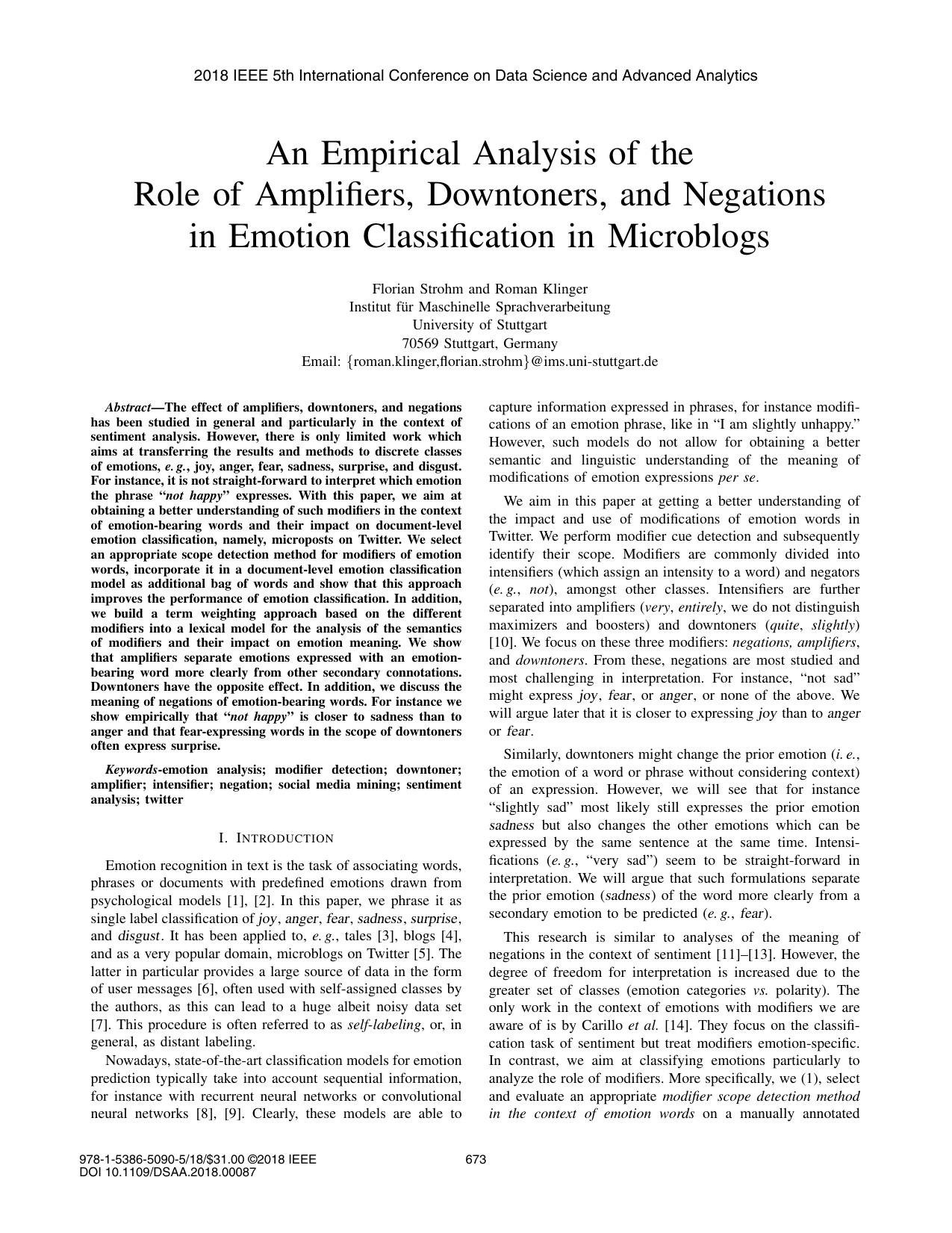 An Empirical Analysis of the Role of Amplifiers, Downtoners, and Negations in Emotion Classification in Microblogs