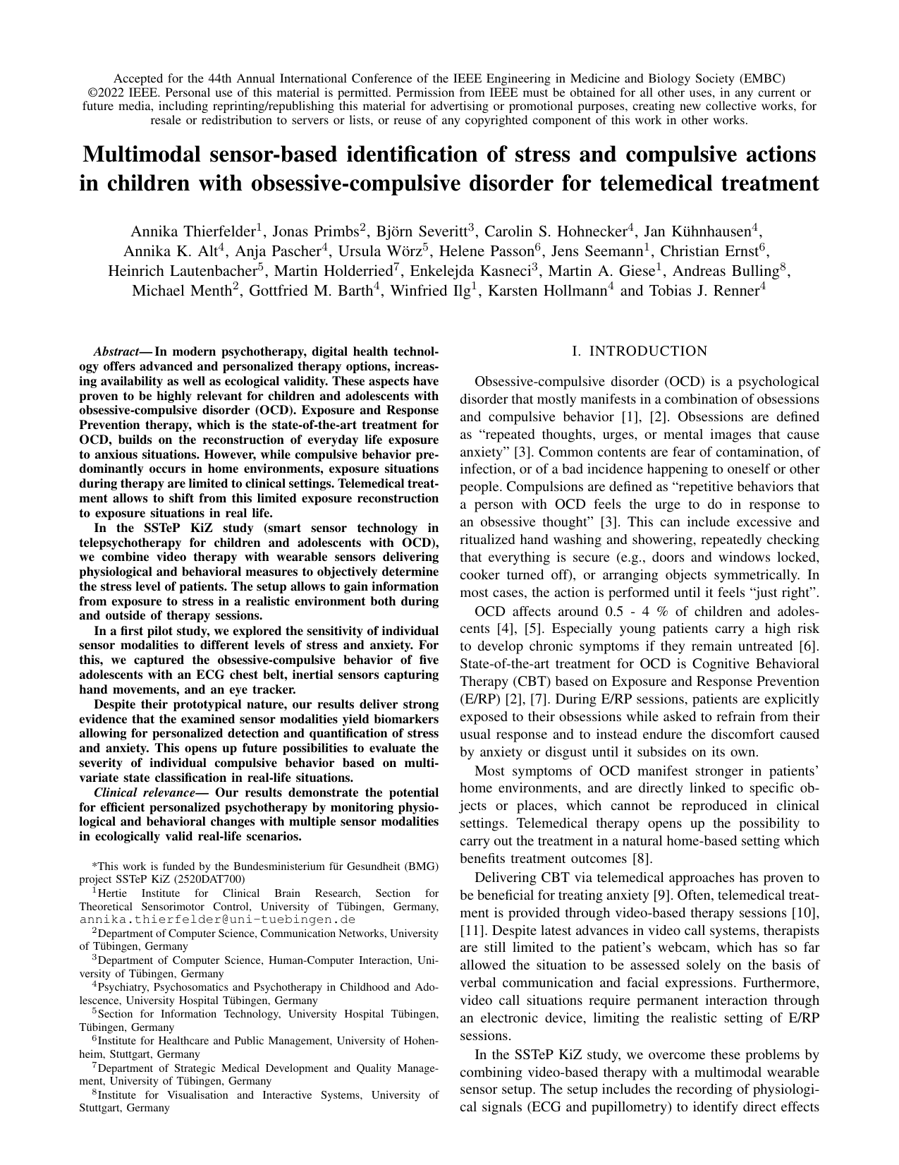 Multimodal Sensor-based Identification of Stress and Compulsive Actions in Children with Obsessive-compulsive Disorder for Telemedical Treatment