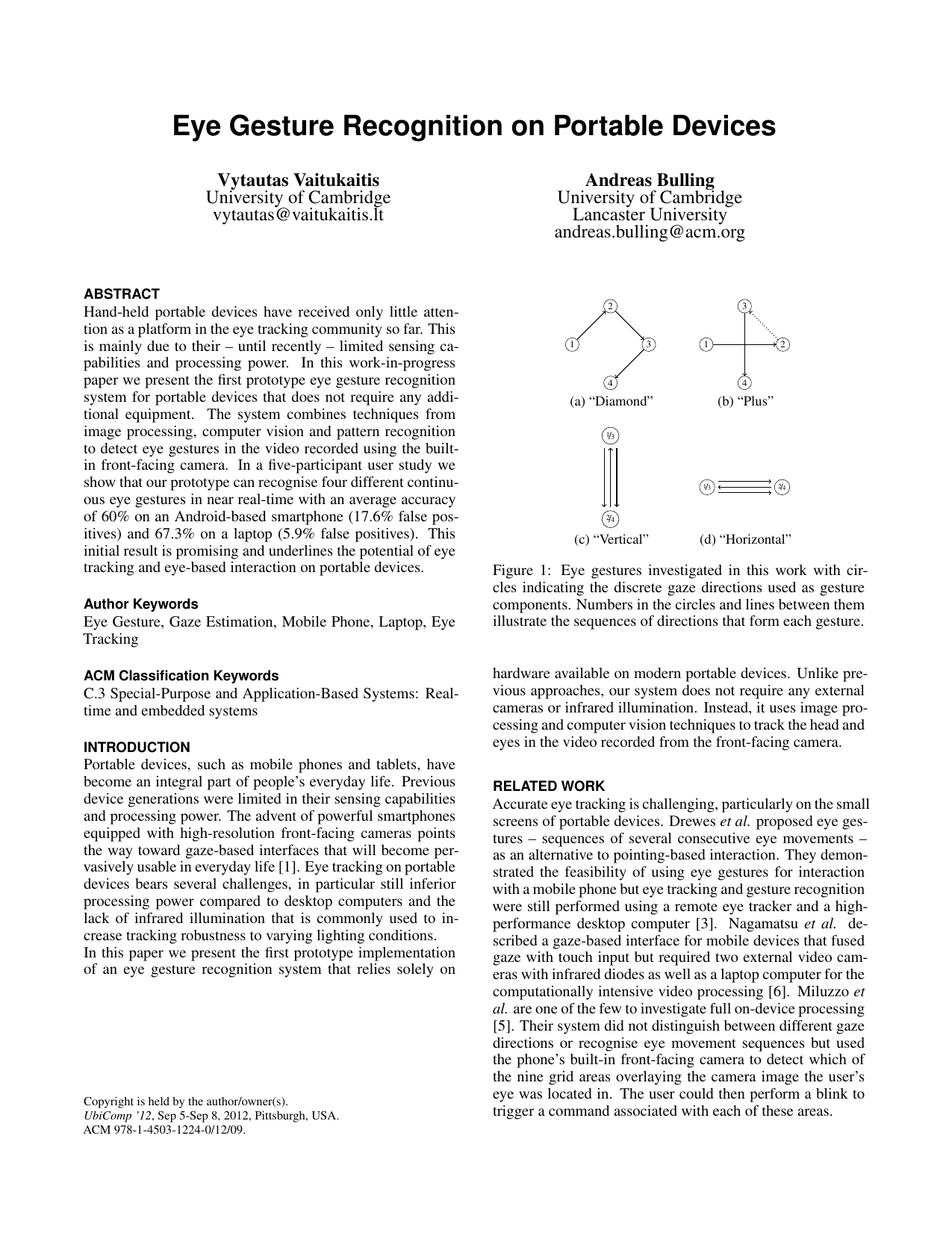 Eye Gesture Recognition on Portable Devices