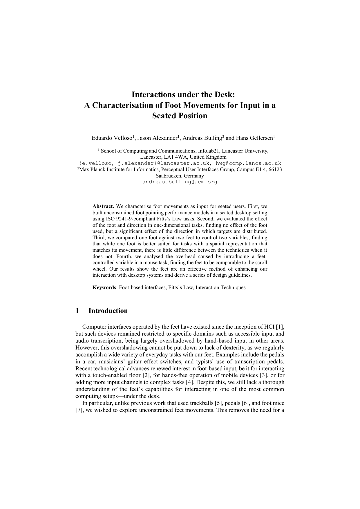 Interactions Under the Desk: A Characterisation of Foot Movements for Input in a Seated Position