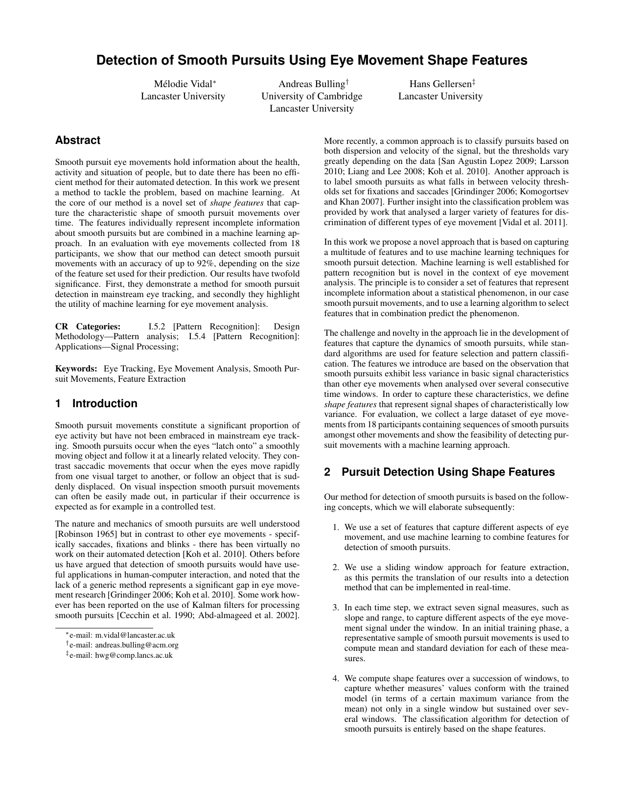 Detection of smooth pursuits using eye movement shape features