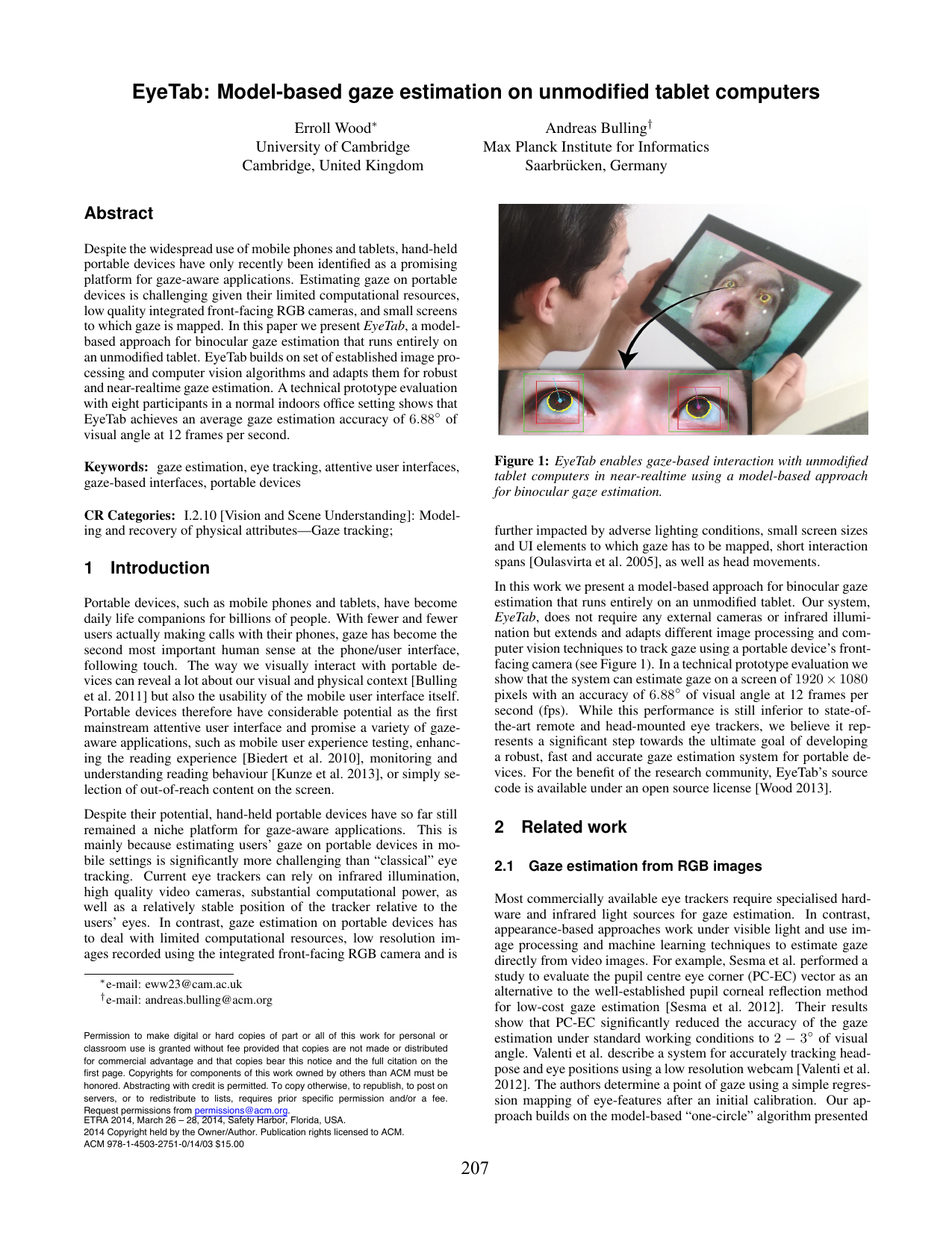 EyeTab: Model-based gaze estimation on unmodified tablet computers