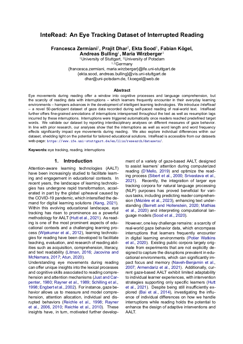 InteRead: An Eye Tracking Dataset of Interrupted Reading