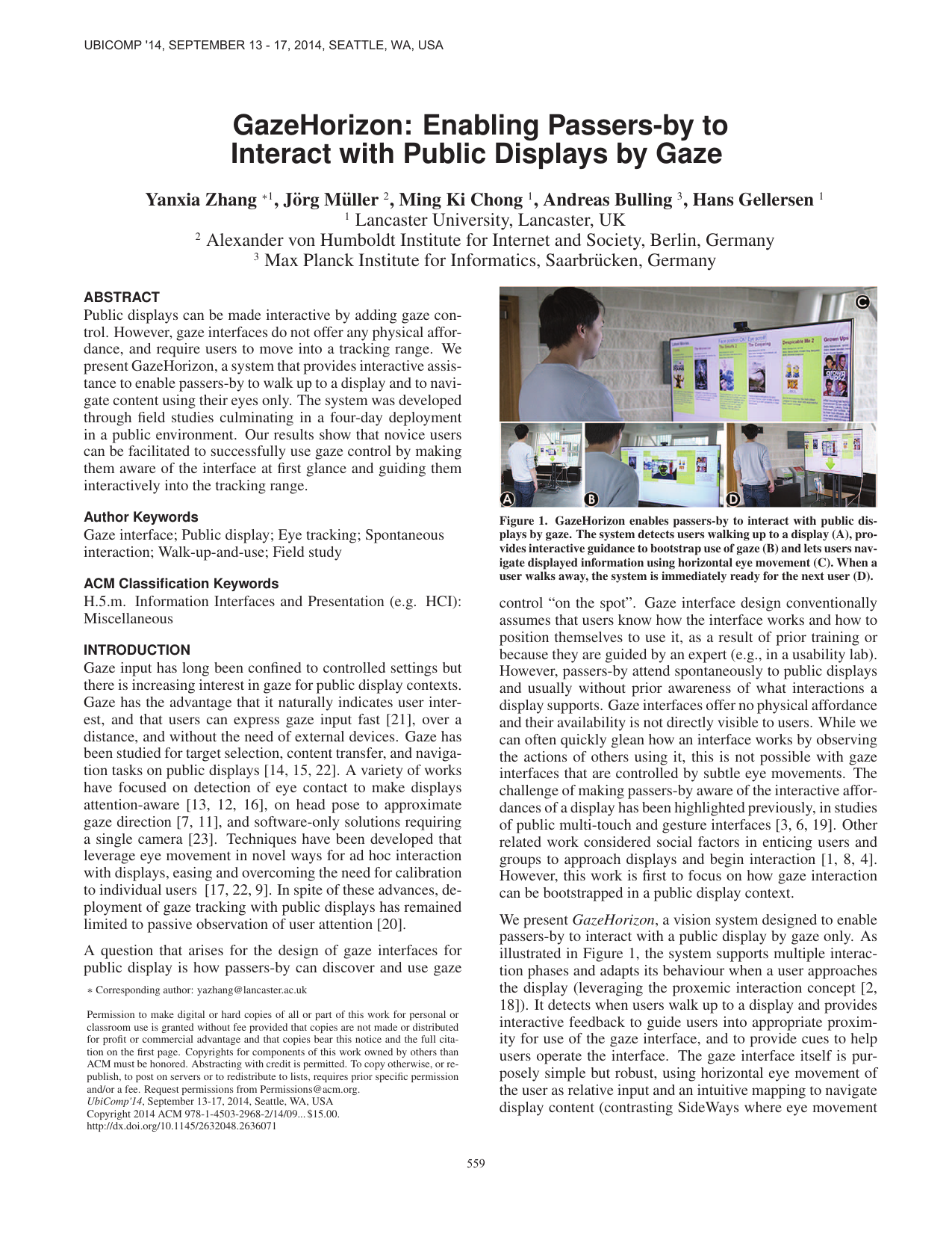 GazeHorizon: Enabling Passers-by to Interact with Public Displays by Gaze